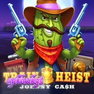 Pemandangan visual slot Train Heist Johnny Cash dengan latar belakang kereta api Wild West